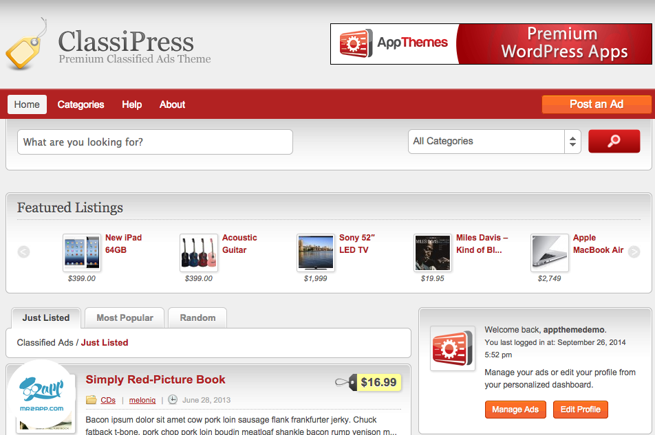 WordPress Classified Ads Theme ClassiPress By AppThemes Demo